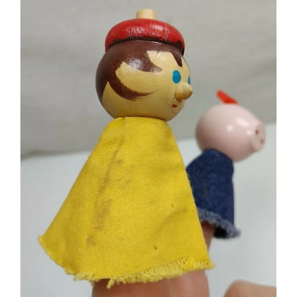Vintage Wood And Cloth Set Boy With Hat Pig Hand Painted Finger Puppets